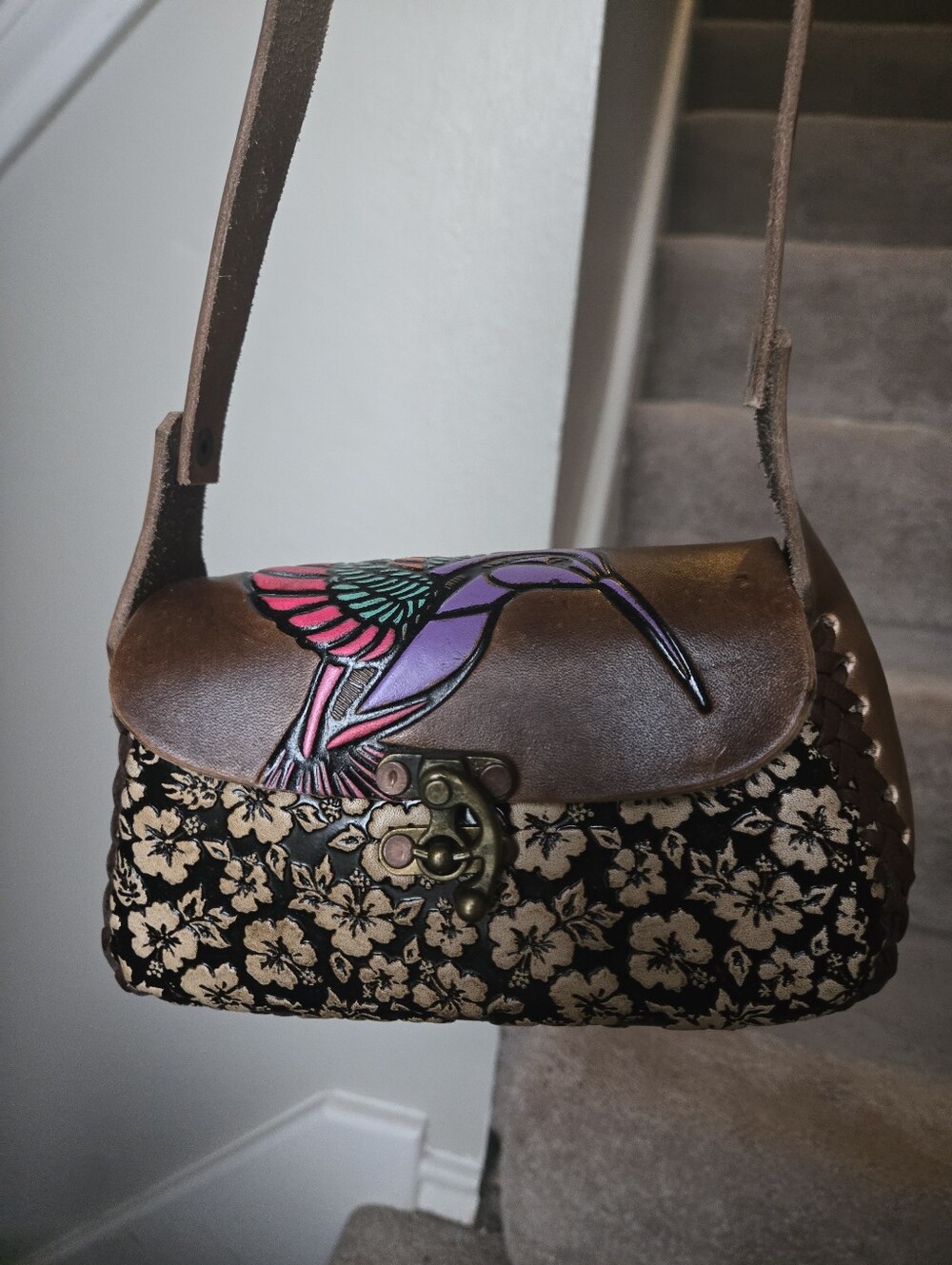 Brown Leather Hand Crafted Floral Crossbody Bag with Colorful Hummingbird Accent
